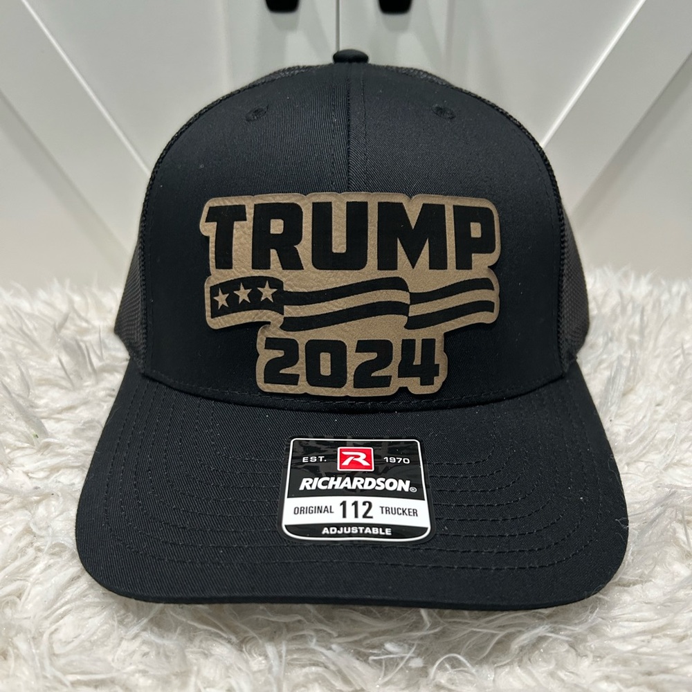 TRUMP 2024. Laser engraved Richardson 112 trucker hat.